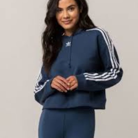 Women's Adidas Originals Cropped Hoodie Sweatshirt, Denim Blue, Size M - Picture 1 of 12